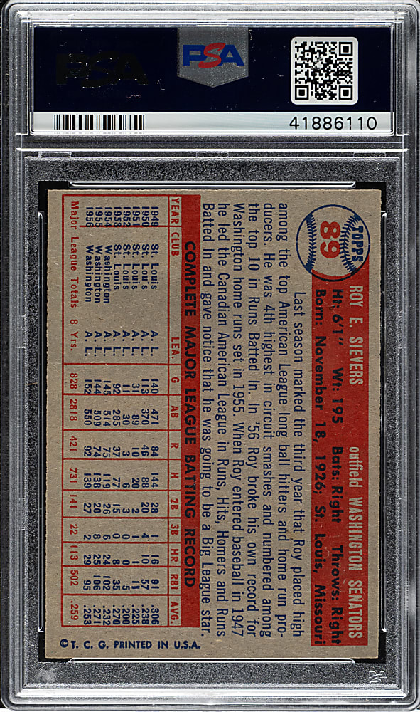 1957 Topps #89 Royals Sievers PSA MINT 9