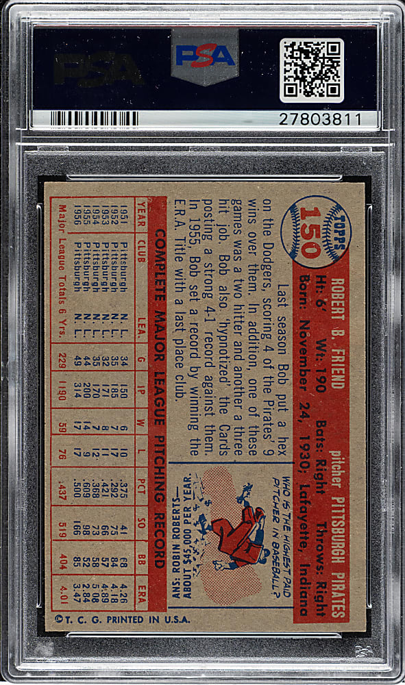 1957 Topps #150 Bob Friend PSA MINT 9
