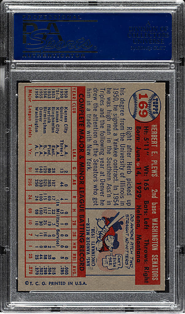 1957 Topps #169 Herb Plews PSA MINT 9