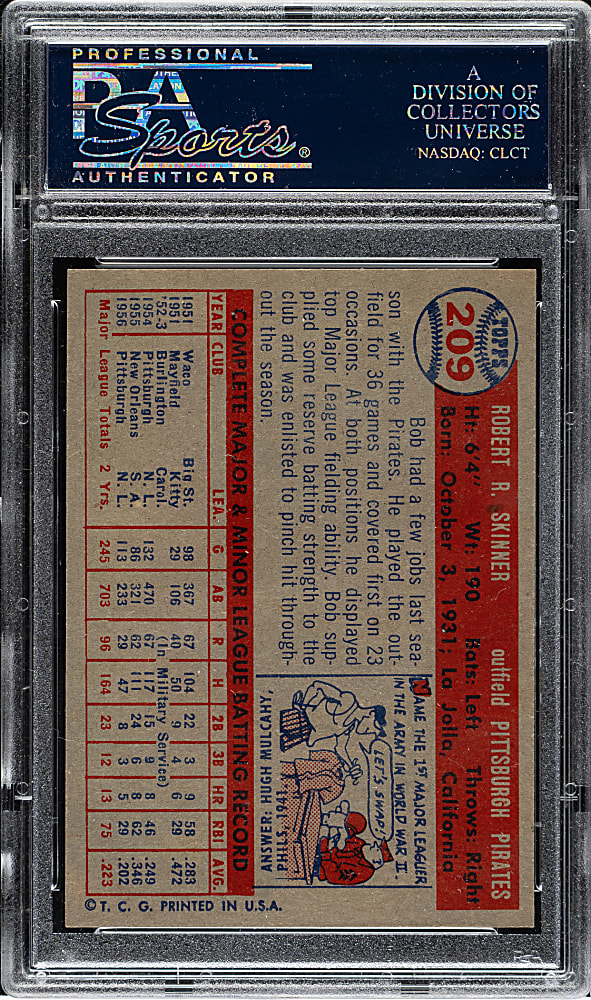 1957 Topps #209 Bob Skinner PSA MINT 9
