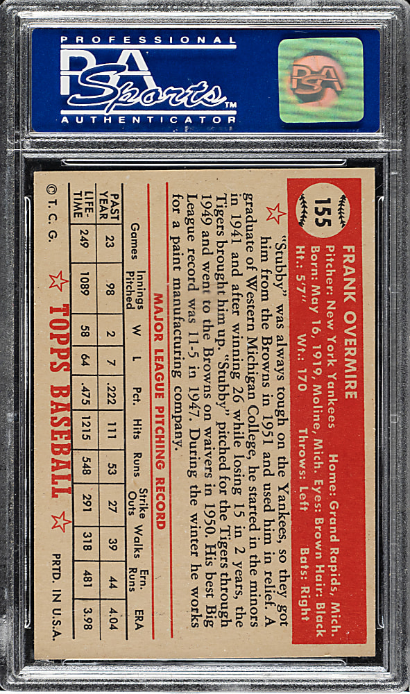 1952 Topps #155 Frank Overmire PSA NM-MT 8