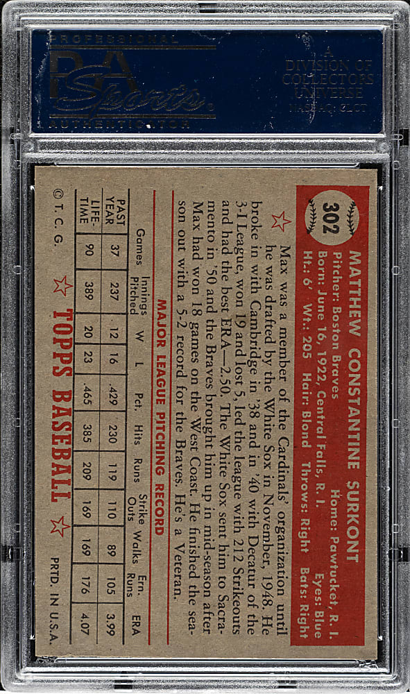 1952 Topps #302 Max Surkont PSA NM-MT 8