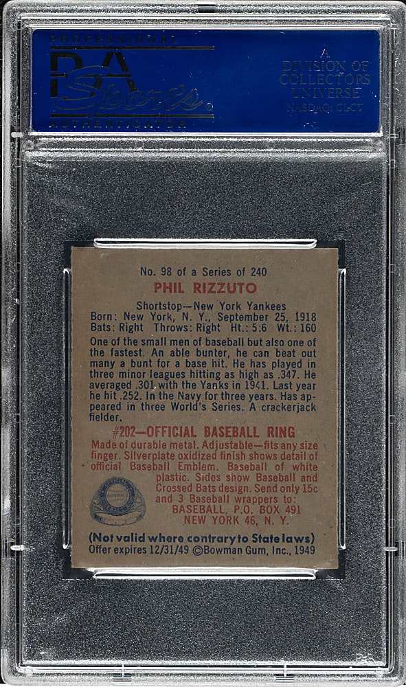 1949 Bowman #98 Phil Rizzuto No Name on Front PSA MINT 9