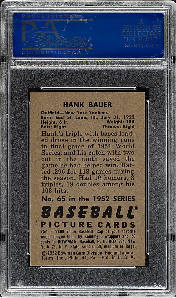 1952 Bowman #65 Hank Bauer PSA MINT 9