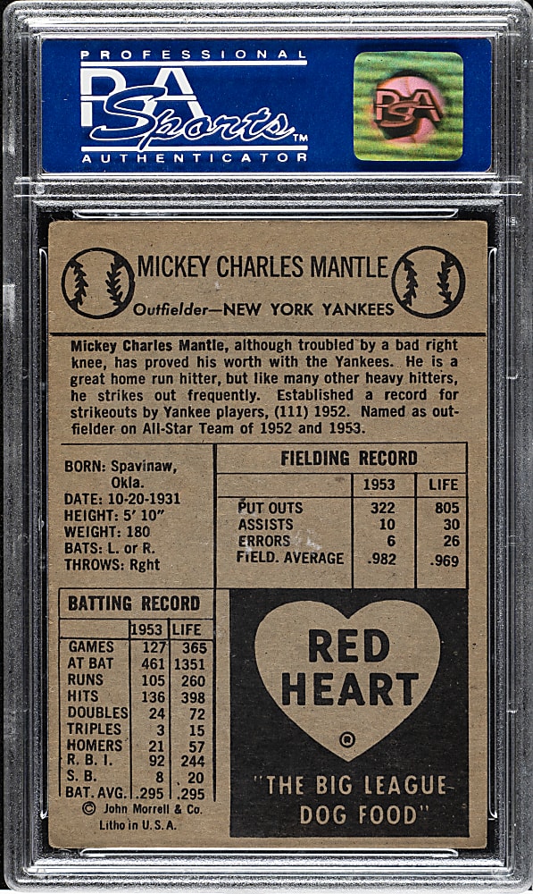 1954 Red Heart Dog Food Mickey Mantle PSA VG-EX 4
