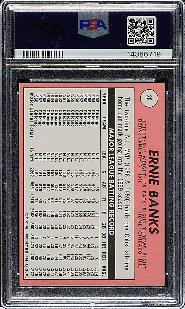 1969 Topps #20 Ernie Banks PSA GEM MINT 10