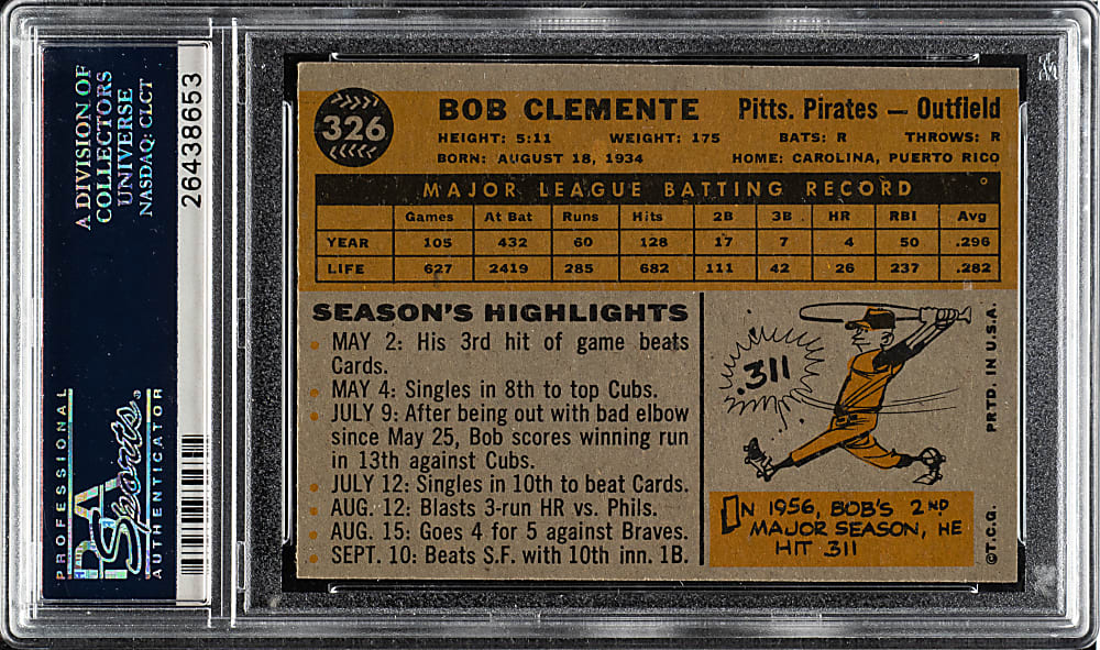 1960 Topps #326 Roberto Clemente PSA NM-MT 8