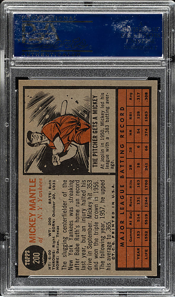 1962 Topps #200 Mickey Mantle PSA NM-MT 8