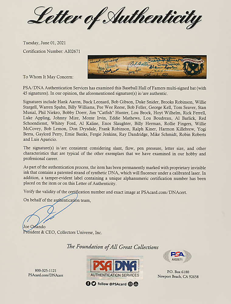 Hall of Fame Multi-Signed Bat with 45 Signatures Including Aaron, Seaver, Musial, McCovey, Killebrew, and More!