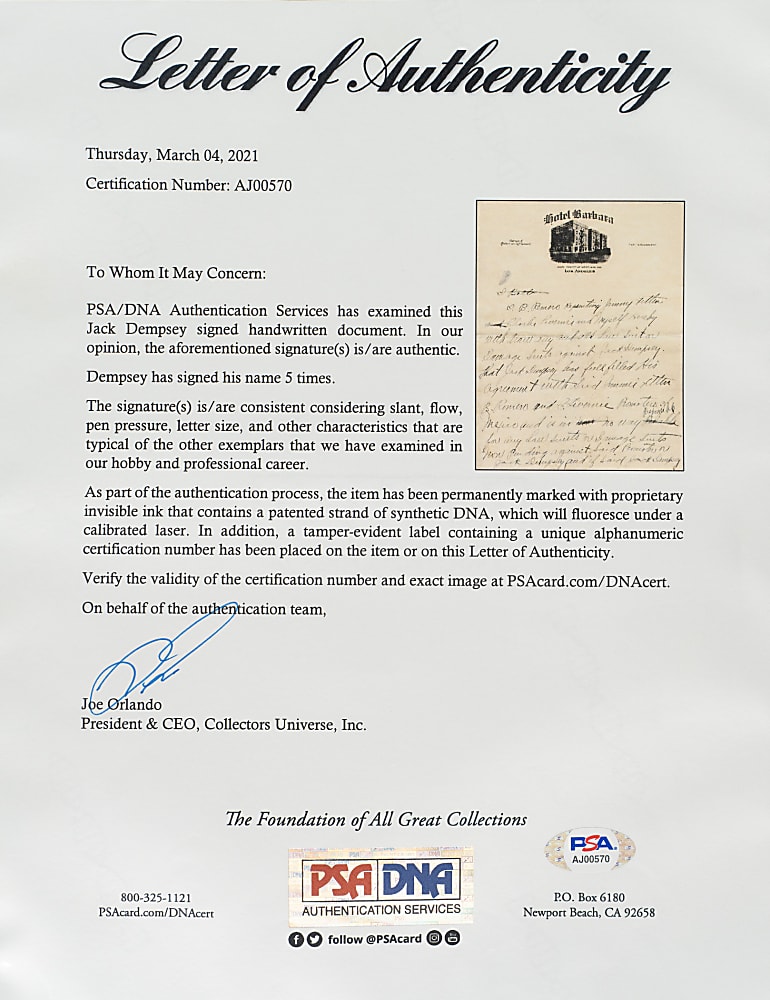 Circa 1925 Jack Dempsey Handwritten and Five-Times Signed Two-Page Letter with Exceptional Content - PSA/DNA