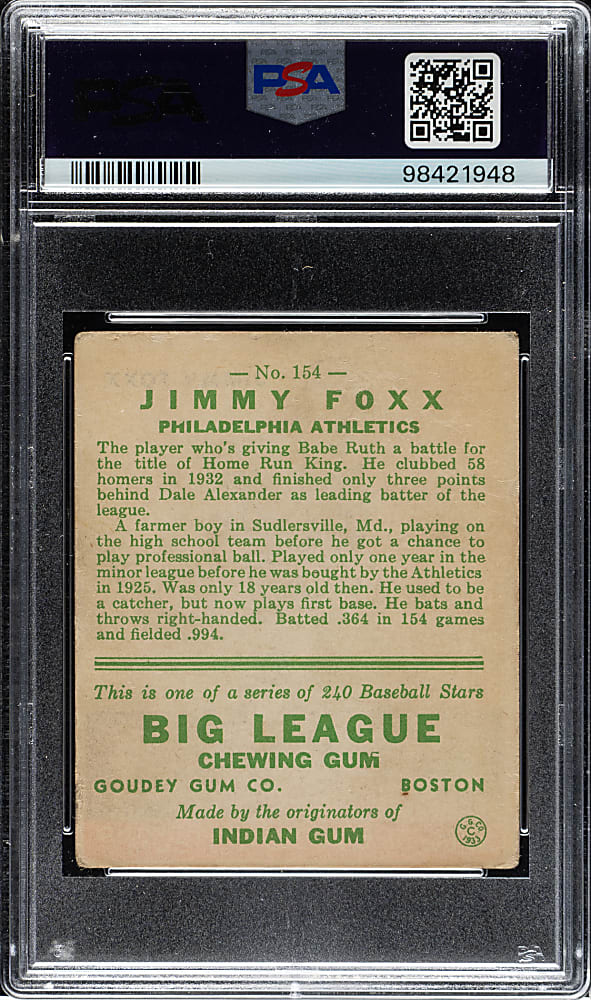 1933 R319 Goudey #154 Jimmy Foxx PSA GOOD+ 2.5