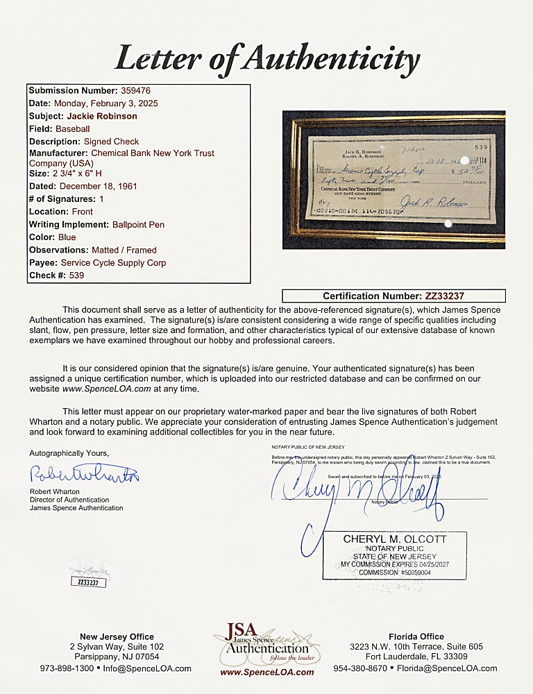 1961 Jackie Robinson Signed Check in Framed Display - JSA