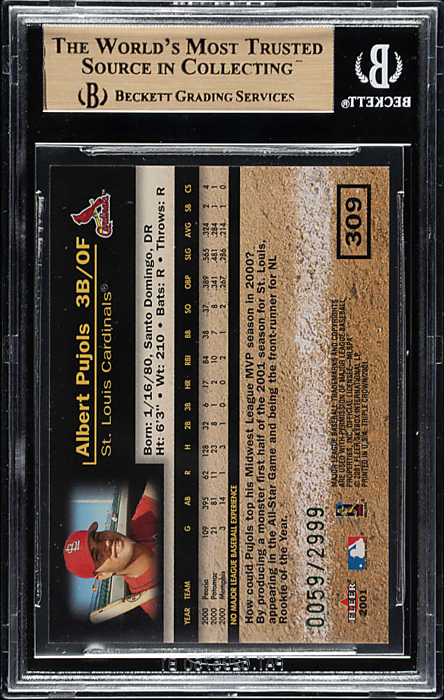 2001 Fleer Triple Crown #309 Albert Pujols Rookie #59/2,999 BGS GEM MINT 9.5