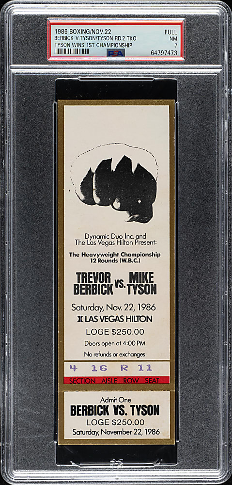 November 22, 1986 Trevor Berbick vs. Mike Tyson Full Ticket PSA NM 7 - Tyson Wins First Championship - Highest Graded!
