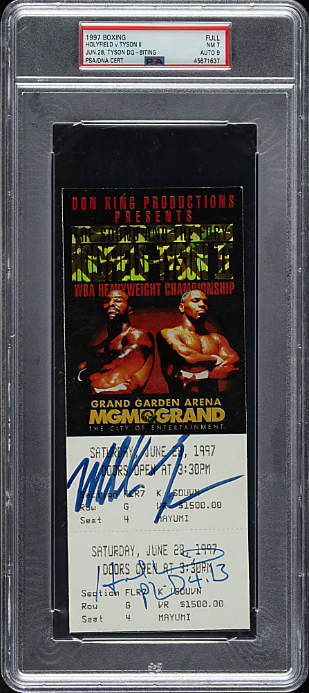 Signed June 28, 1997 Mike Tyson vs. Evander Holyfield Full Ticket PSA NM 7 with MINT 9 Signatures