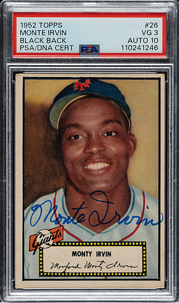 Signed 1952 Topps #26 Monte Irvin Black Back PSA VG 3 with GEM MINT 10 Signature