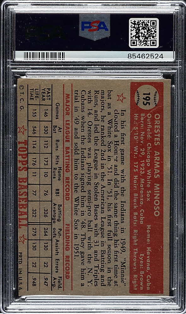 Signed 1952 Topps #195 Minnie Minoso Rookie PSA/DNA MINT 9