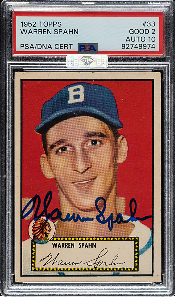 Signed 1952 Topps #33 Warren Spahn PSA GOOD 2 with GEM MINT 10 (MBA Silver Diamond)