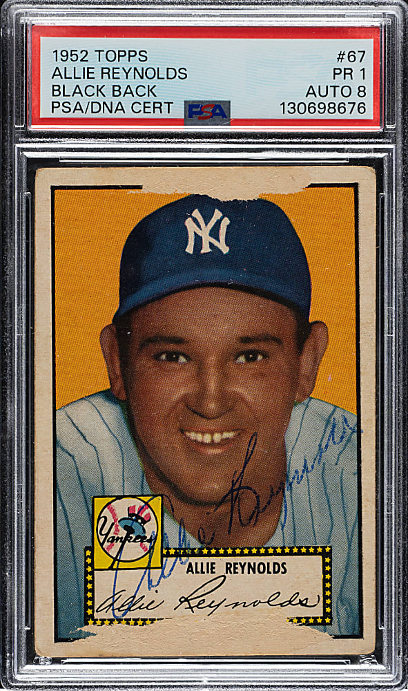 Signed 1952 Topps #67 Allie Reynolds Black Back PSA POOR 1 with NM-MT 8 Signature