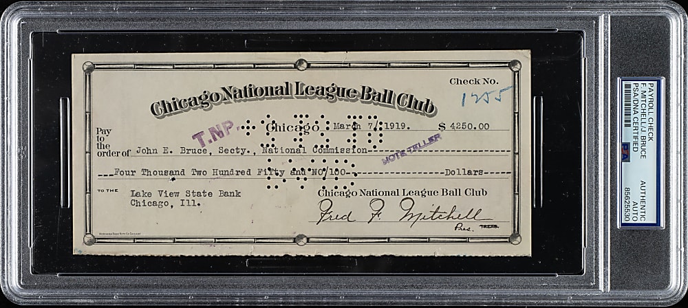 1919 Fred Mitchell and John Bruce Signed Chicago Cubs Payroll Check - PSA/DNA