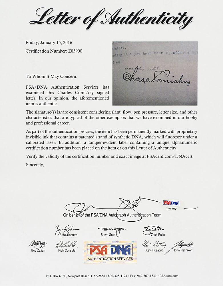 1919 Charles Comskey Signed Letter - JSA and PSA/DNA