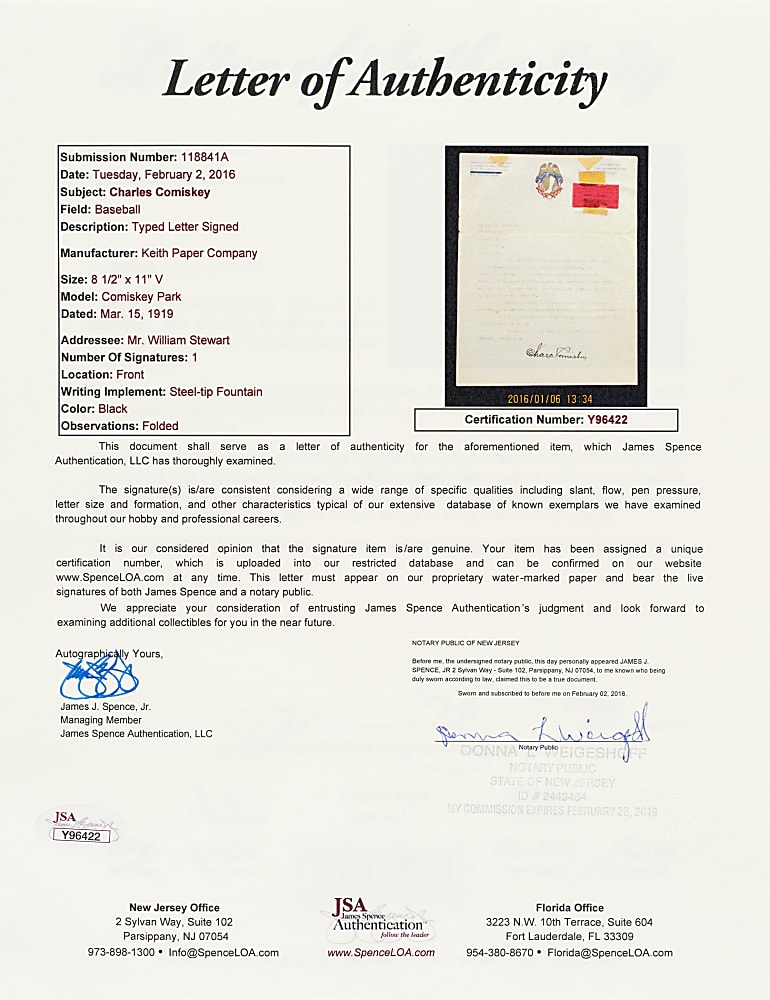 1919 Charles Comskey Signed Letter - JSA and PSA/DNA