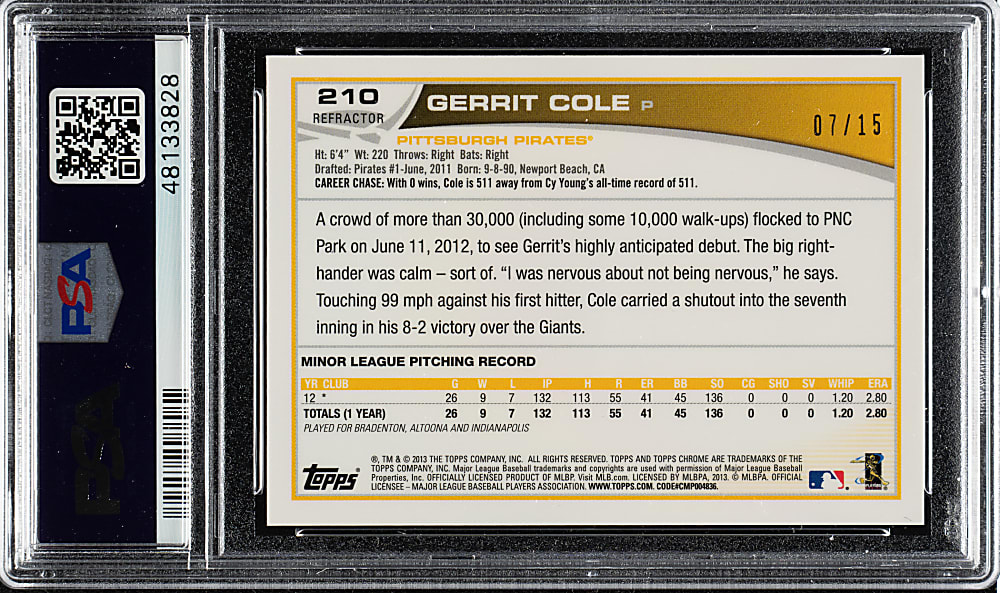 2013 Topps Chrome #210 Gerrit Cole Rookie Camo Refractor #7/15 PSA GEM MINT 10