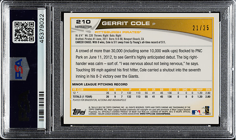 2013 Topps Chrome #210 Gerrit Cole Rookie Red Refractor #21/25 PSA GEM MINT 10