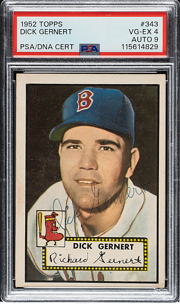 Signed 1952 Topps #343 Dick Gernert High Number PSA VG-EX 4 with MINT 9 Signature
