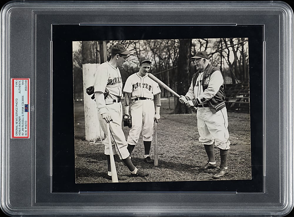 1943 Honus Wagner with Jim Russell and Frank Colman Original News Service Photograph PSA/DNA Type I