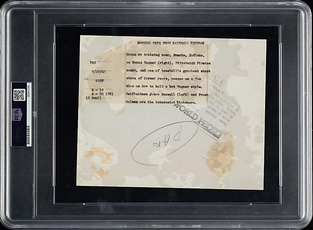 1943 Honus Wagner with Jim Russell and Frank Colman Original News Service Photograph PSA/DNA Type I