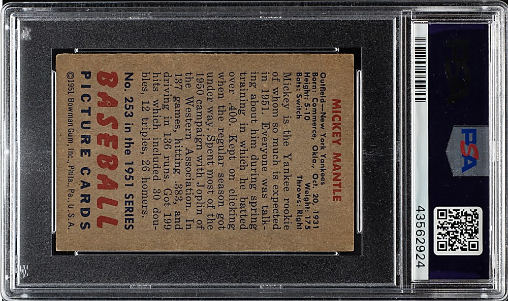 1951 Bowman #253 Mickey Mantle Rookie PSA VG 3