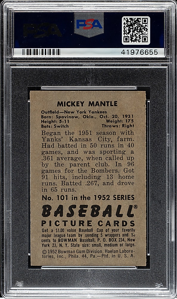 1952 Bowman #101 Mickey Mantle PSA NM-MT 8