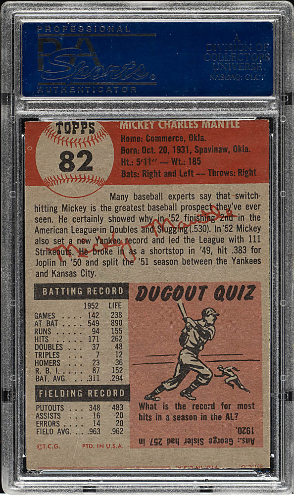 1953 Topps #82 Mickey Mantle PSA MINT 9 (MC)