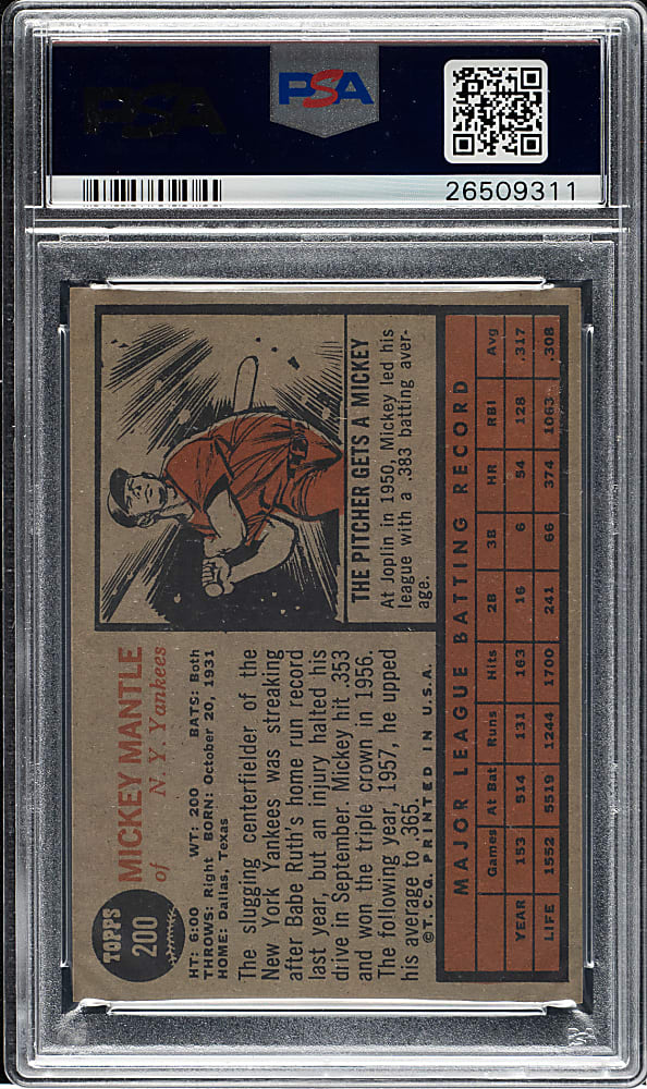1962 Topps #200 Mickey Mantle PSA NM-MT 8