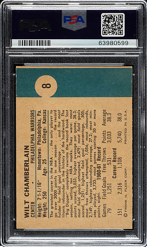 1961-1962 Fleer Basketball #8 Wilt Chamberlain Rookie PSA EX+ 5.5