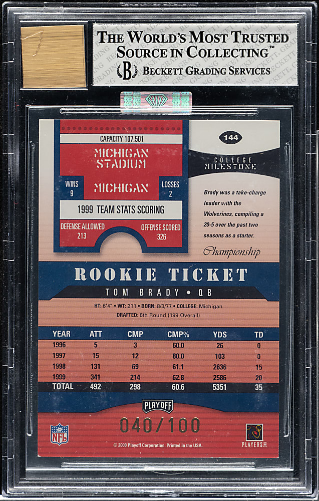 2000 Playoff Contenders #144 Tom Brady Rookie Ticket Autograph #40/100 BGS NM+ 7.5 with MINT 9 Signature (MBA Silver Diamond)