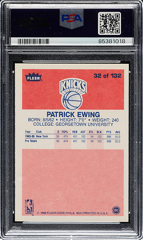 1986-1987 Fleer Basketball #32 Patrick Ewing Rookie PSA GEM MINT 10