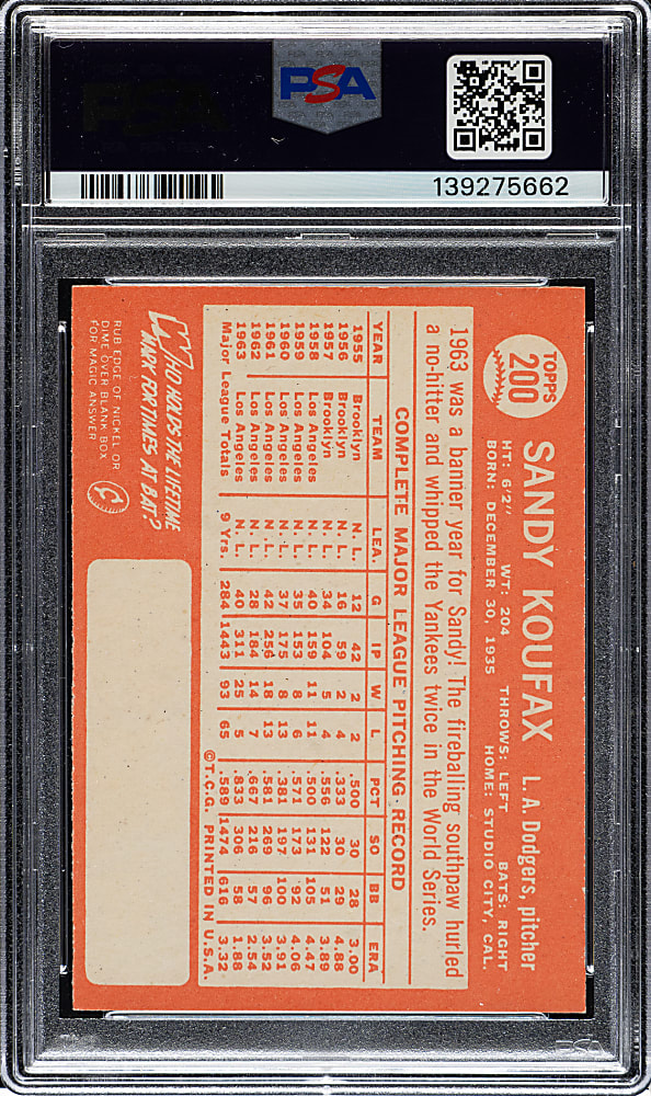 Signed 1964 Topps #200 Sandy Koufax PSA NM-MT 8 with GEM MINT 10 Signature - 1 of 3 - Highest-Graded Card Example!