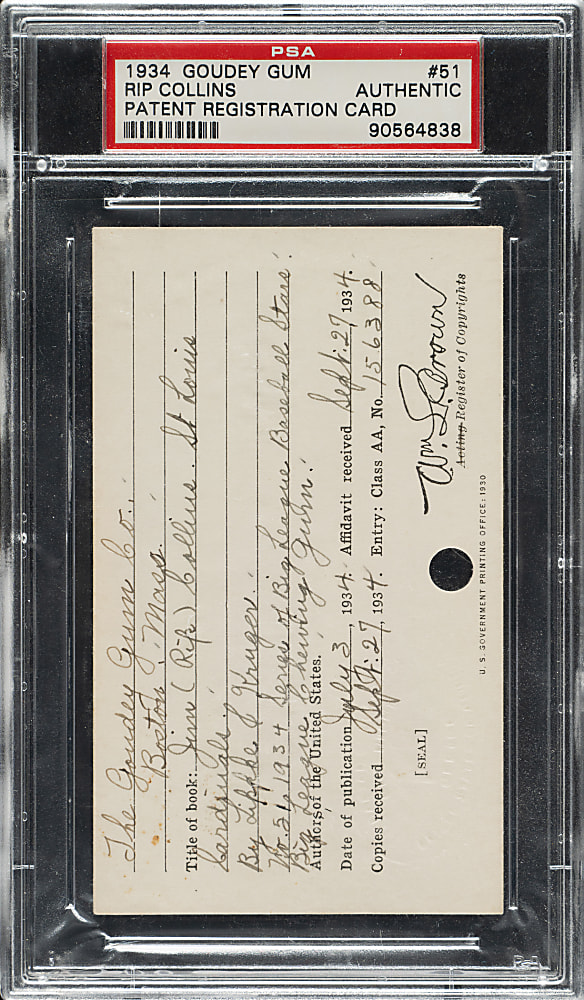 1934 R320 Goudey #51 Rip Collins U.S. Copyright Patent Registration Card PSA Authentic