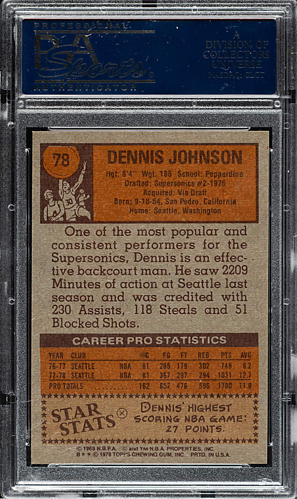 1978-1979 Topps Basketball #78 Dennis Johnson Rookie PSA GEM MINT 10