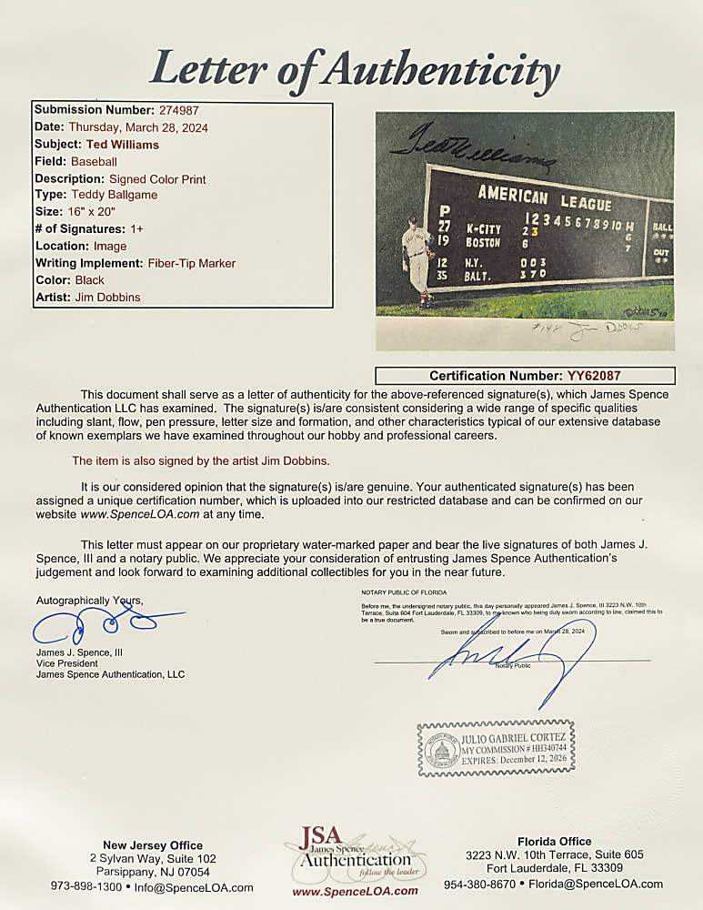Ted Williams Signed Print - JSA
