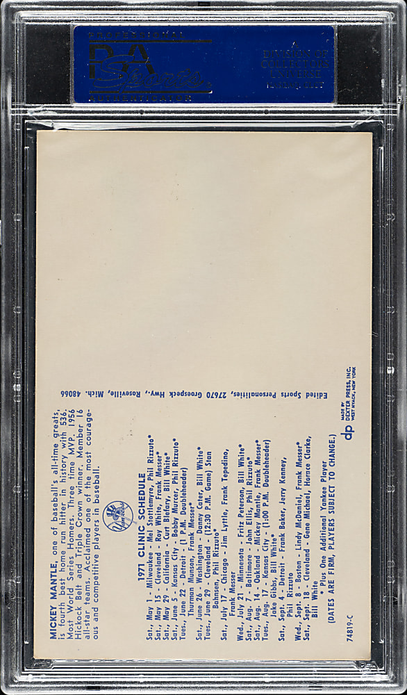 Signed 1971 New York Yankees Clinic Schedule Postcard Mickey Mantle - PSA/DNA