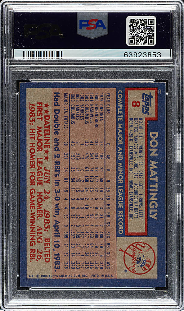 1984 Topps #8 Don Mattingly Rookie PSA MINT 9