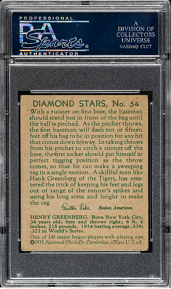 1934-1936 R327 Diamond Stars #54 Hank Greenberg PSA VG 3