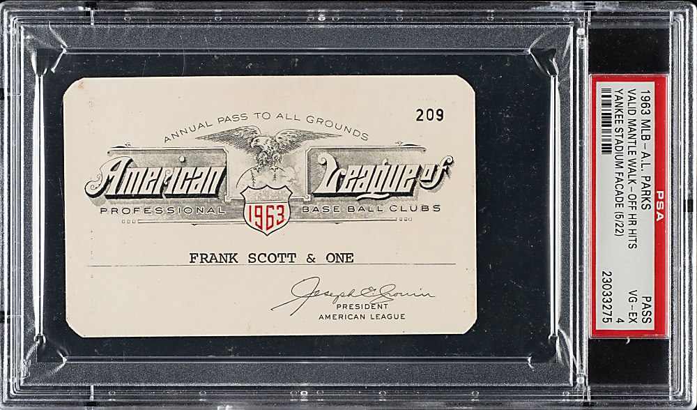 1963 American League Season Pass PSA VG-EX 4 - Mickey Mantle's Home Run Hits Yankee Stadium Facade