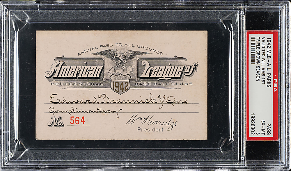 1942 American League Season Pass PSA EX-MT 6 - Ted Williams' First Triple Crown Season