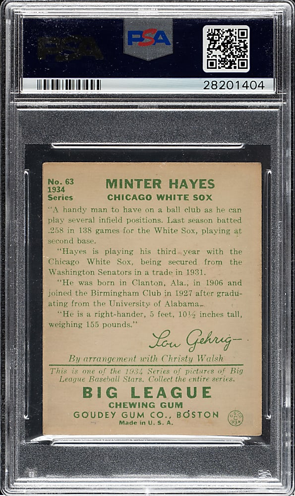 1934 R320 Goudey #63 Minter Hayes PSA EX+ 5.5