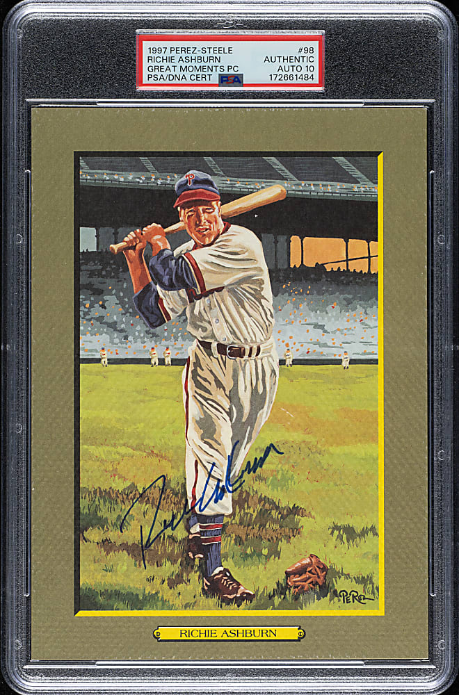 Richie Ashburn Signed Perez-Steele Great Moments Postcard - PSA/DNA GEM MINT 10 and JSA
