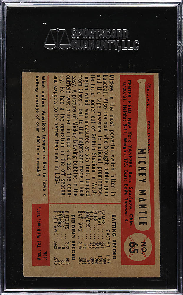 1954 Bowman #65 Mickey Mantle SGC EX 60